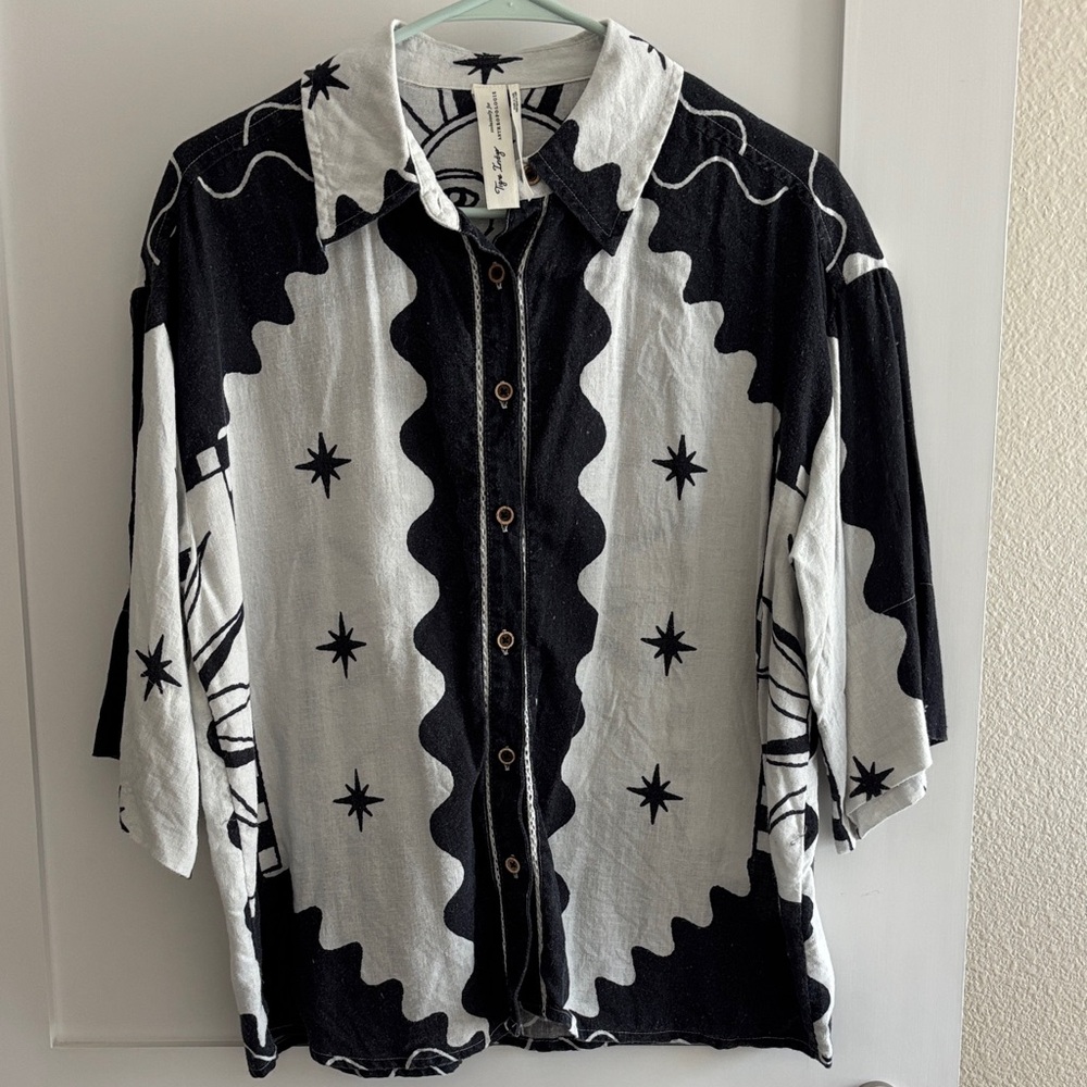 Tigre Indigo for Anthropologie Linen Rolled Sleeve Button Down Shirt